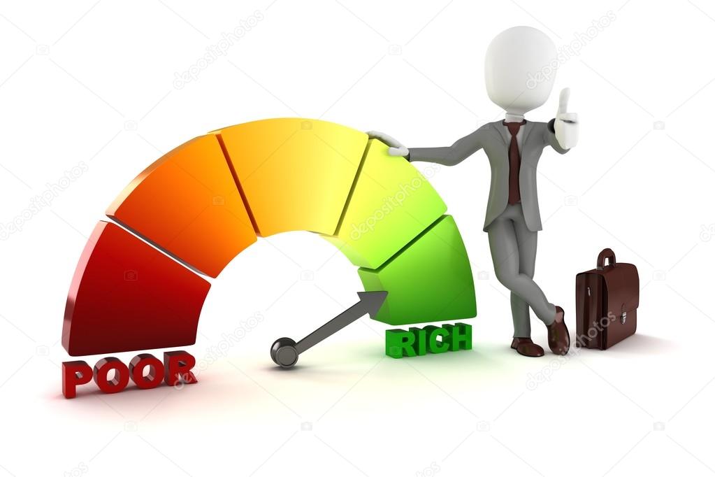 3d man businessman standing near a poor-rich graph indicator, on white background