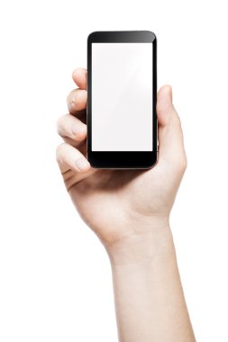 bir akıllı telefon ile boş bir ekran, beyaz arka plan üzerinde tutan el