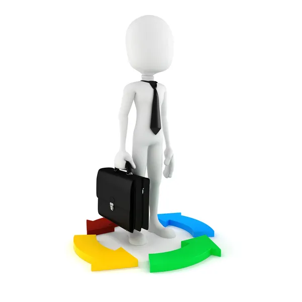 3D-man zakenman en kleurrijke pijlen, op wit — Stockfoto