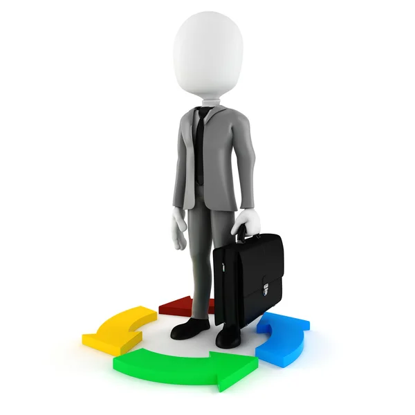 Homem 3d homem de negócios e setas coloridas, em branco — Fotografia de Stock