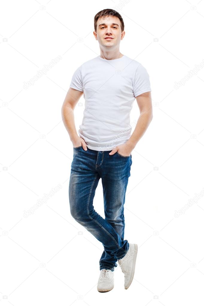 Portrait of young attractive casual man on white background