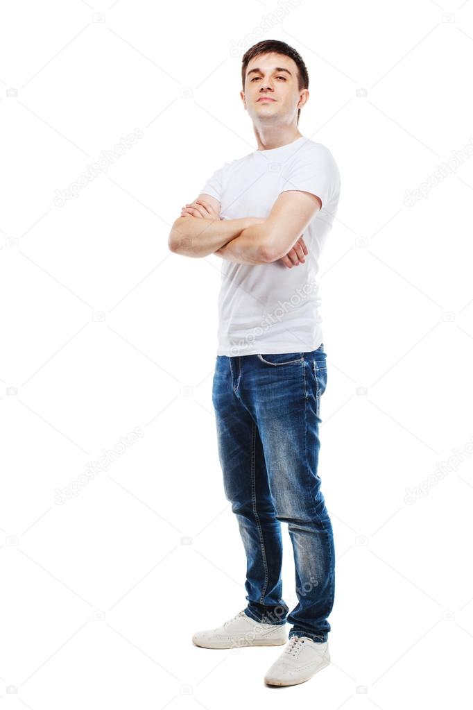 portrait of young attractive casual man on white background