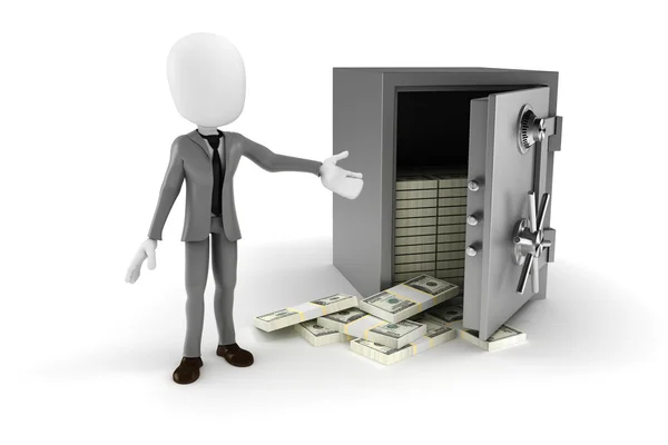 3d man businessman and steal vault on white backgorund — Stock Photo, Image