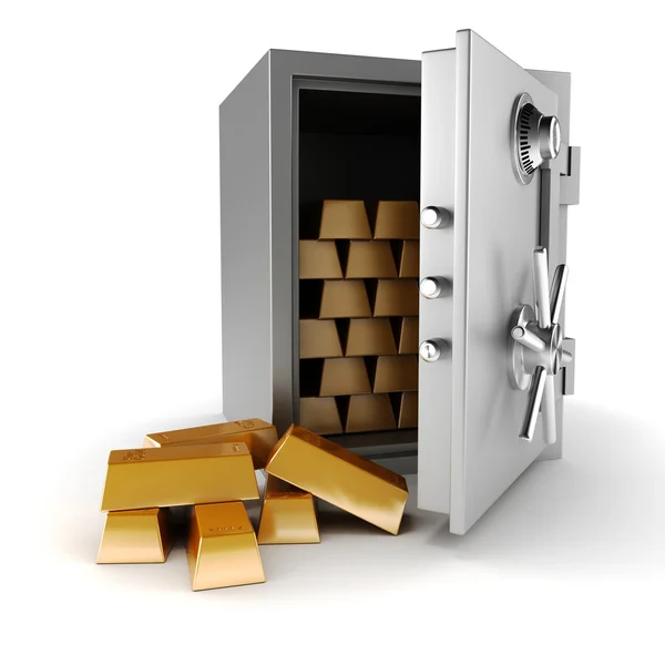 3d vault e barras de ouro no fundo branco — Fotografia de Stock
