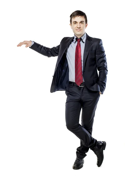 Attraente giovane uomo d'affari con computer portatile su sfondo bianco — Foto Stock