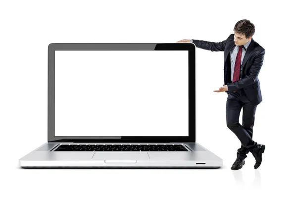 Attraktiv ung affärsman med laptop på vit bakgrund — Stockfoto