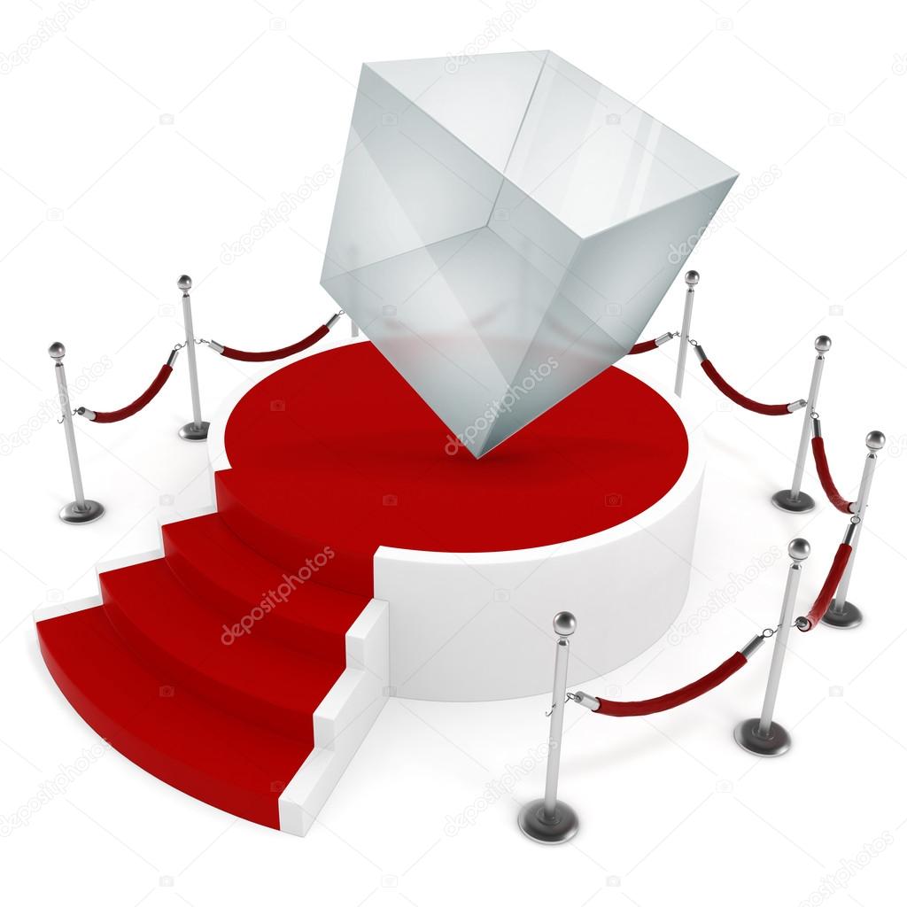 3d glass cube on podium and red carpet, new product concept