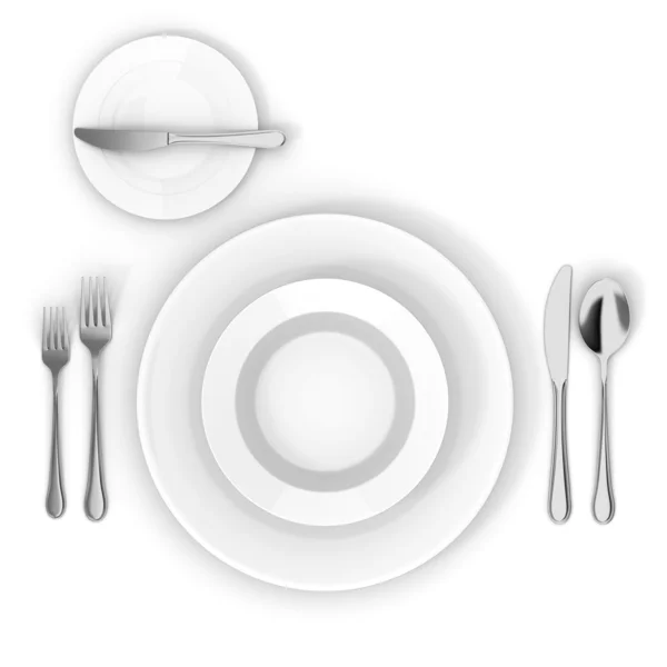 Ρύθμιση του 3D πίνακα με λευκό πιάτο άδειο, μαχαίρι πιρούνι και κουτάλι — Φωτογραφία Αρχείου