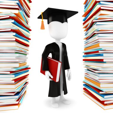 3D adam öğrenci ve beyaz kitap