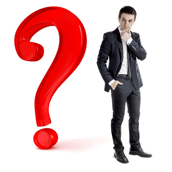 Businessman and a big question mark, on white — Stock Photo, Image