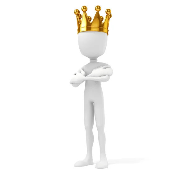 Beyaz zemin üzerinde altın bir taç ile 3D adam Kral — Stok fotoğraf