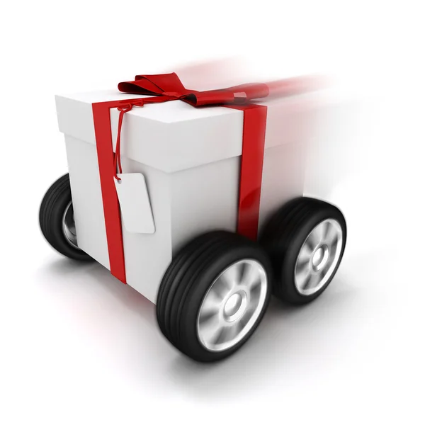 3D pudełko z kokardą czerwony na kołach — Zdjęcie stockowe