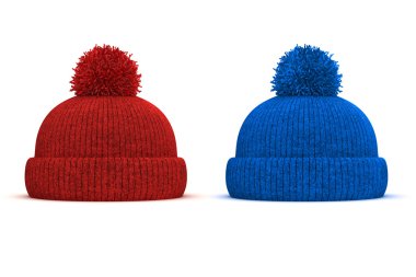 beyaz zemin üzerinde 3D kırmızı ve mavi örme kış şapkası