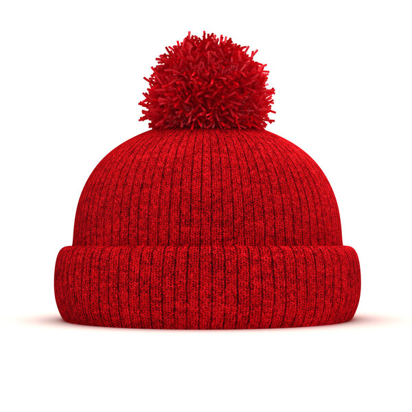 3d red knitted winter cap on white background