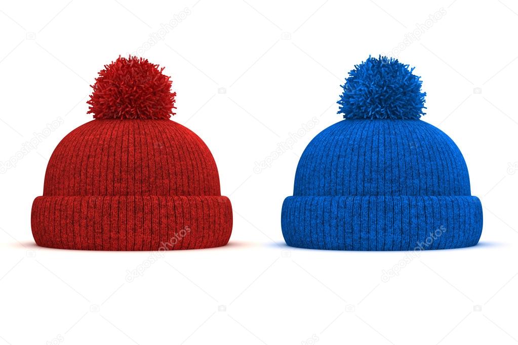 3d red and blue knitted winter cap on white background