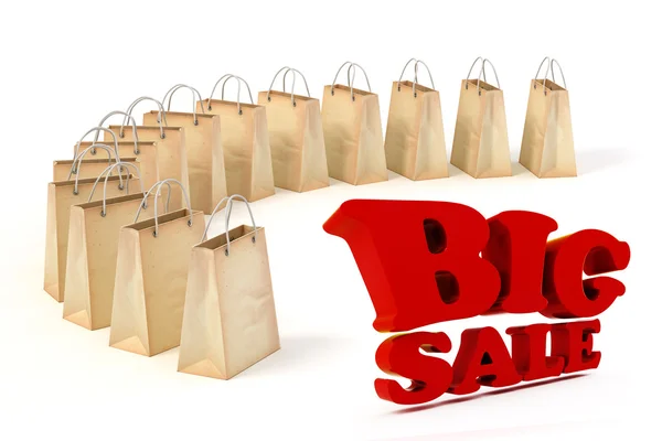 3D-Papier Einkaufstaschen und großer roter Verkaufstext auf weißem Hintergrund — Stockfoto
