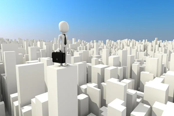 3D podnikatel muž stojící na střeše s kyscraper — Stock fotografie