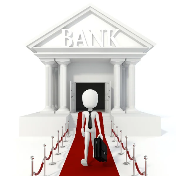Homem 3d empresário e edifício bancário — Fotografia de Stock