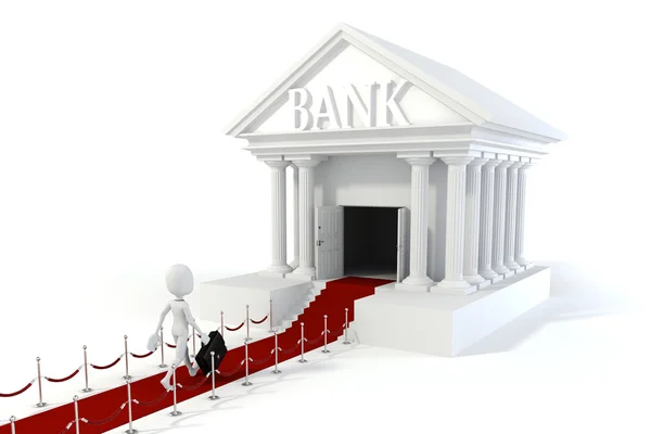 Homem 3d empresário e edifício bancário — Fotografia de Stock