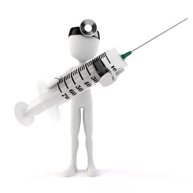 3D adam doktor ve beyaz zemin üzerine şırınga