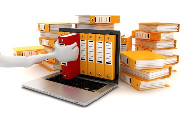 3D dizüstü ve beyaz arka plan üzerinde klasörler