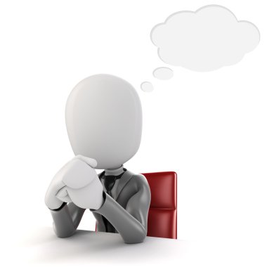 beyaz zemin üzerinde bir masada oturan 3d adam işadamı