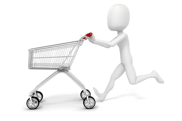 3D muž a nákupní vozík na bílém pozadí — Stock fotografie