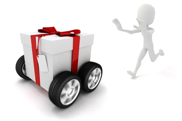 3d man chasing a moving present box, on white — Stock Photo, Image