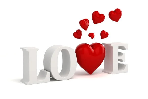3D tekst miłość i wielkie czerwone serca na tle — Zdjęcie stockowe
