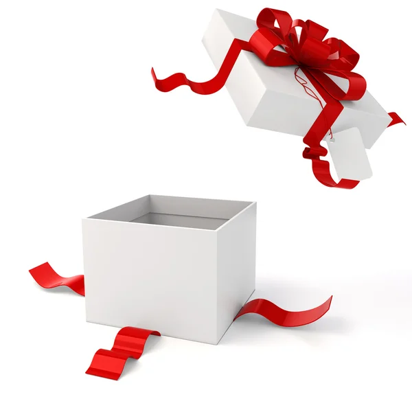 3d present box and red bow on white background — Stock Photo, Image