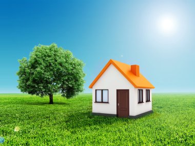 3D ev, yeşil çim ve açık mavi gökyüzü