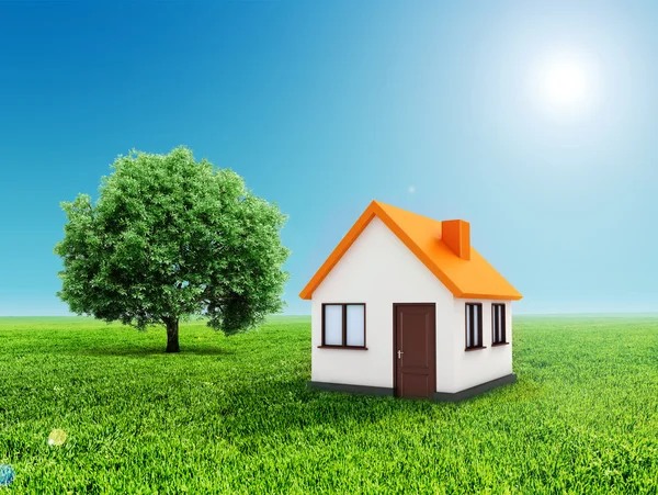 3D dům, zelené trávy a jasné modré nebe — Stock fotografie