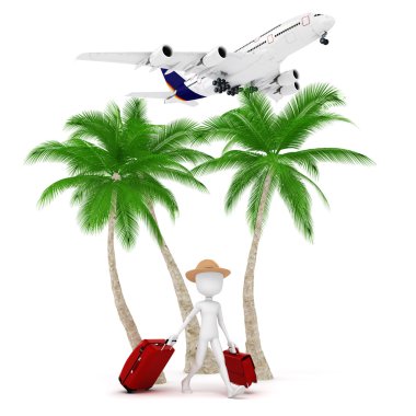 3D adam turist ve uçak, tatil metafor3D людина туристично-площині, метафора відпустку