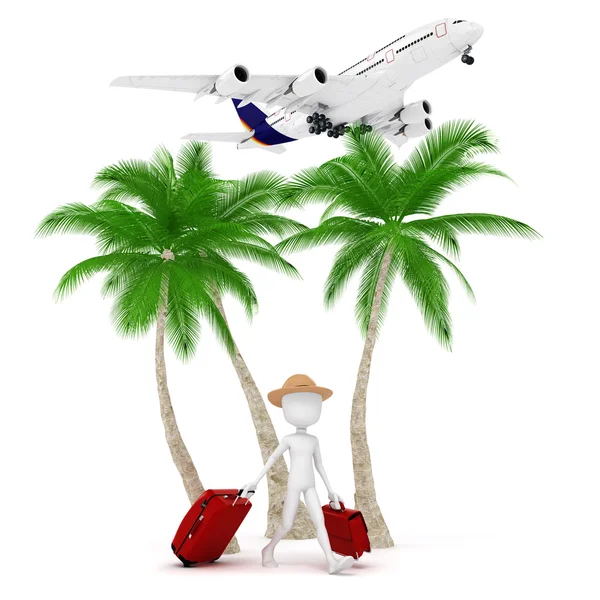 3d hombre turista y avión, metáfora de vacaciones — Foto de Stock