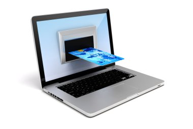 3D dizüstü ve kredi kartı, çevrimiçi işlem kavramı