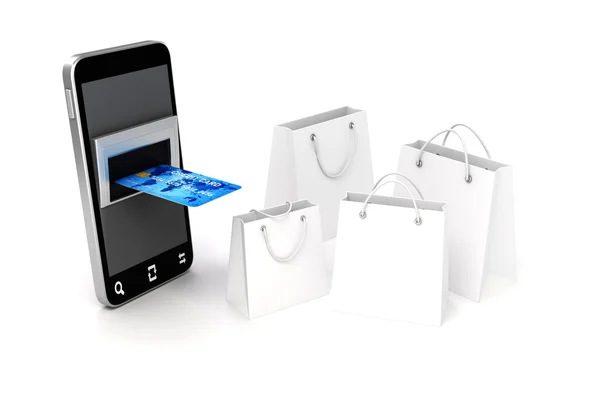 3d 移动电话和信用卡，在线购物的概念 — 图库照片