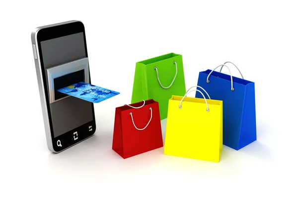 3d teléfono móvil y tarjeta de crédito, concepto de compras en línea —  Fotos de Stock