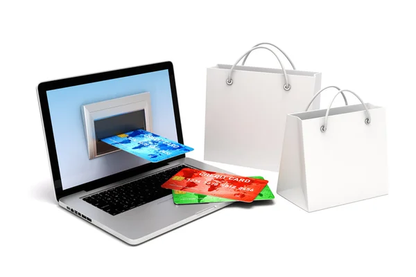 3D-laptop en een creditcard, online transactie concept — Stockfoto