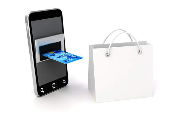 3d mobile phone and credit card, online shopping concept — Stock Photo, Image