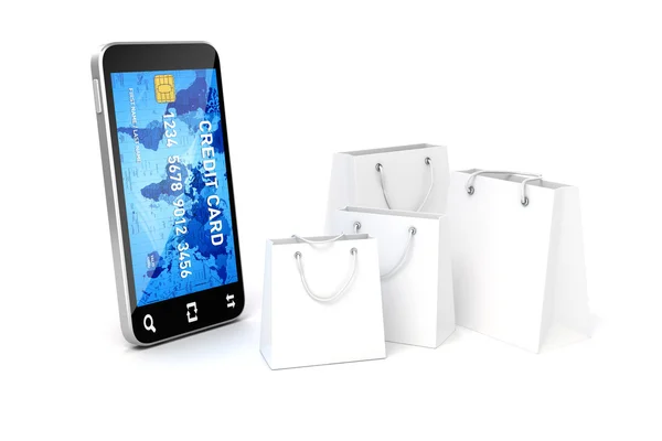 3 차원 휴대 전화와 신용 카드, 온라인 쇼핑 개념 — 스톡 사진