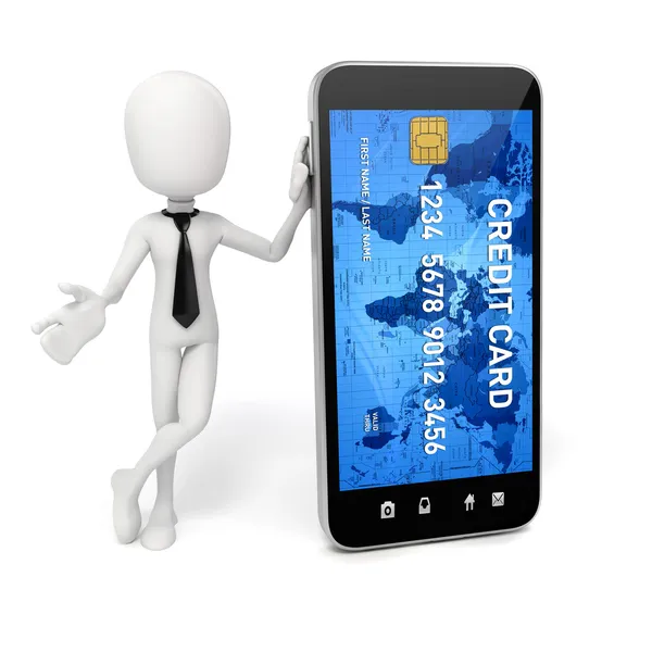 3D-человек, смартфон и кредитная карта, концепция онлайн-торговли — стоковое фото