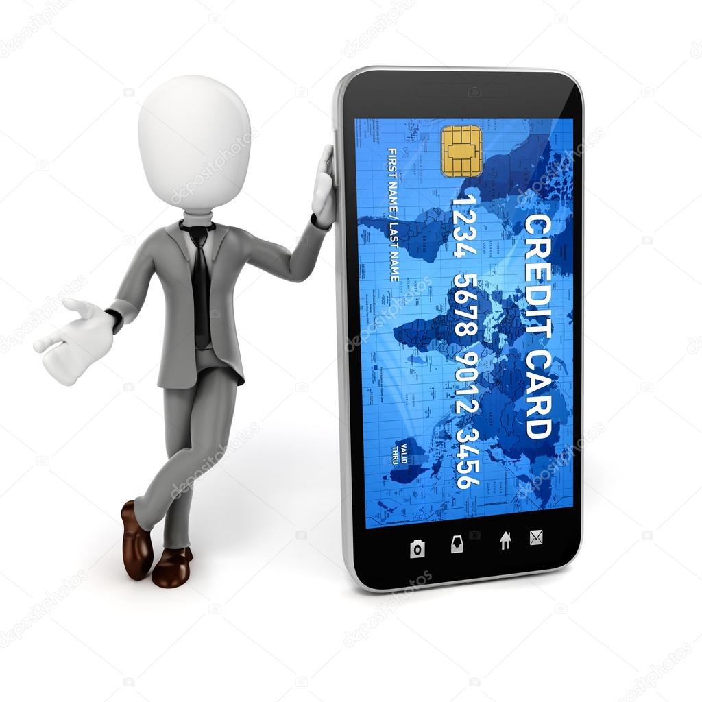 3d man smart phone and credit card online commerce concept stock