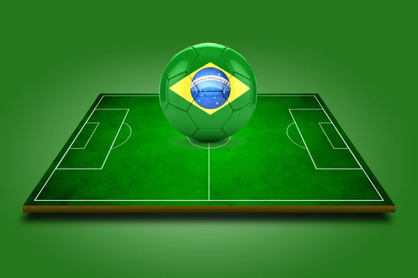 3D obrázek zelené fotbalové hřiště a fotbalový míč s Brazílií vlajka na to — Stock fotografie