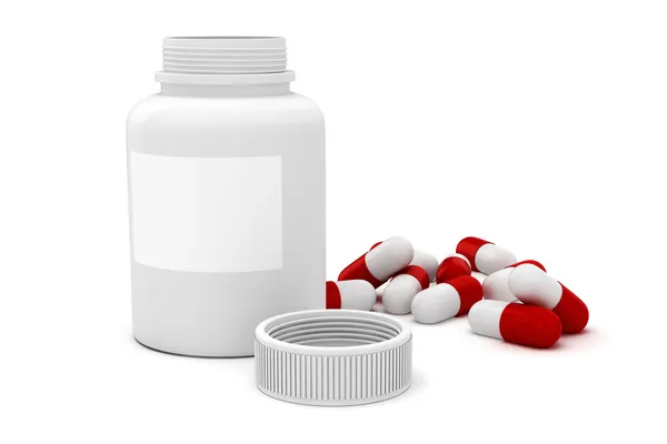 Pílulas de cápsula 3d e garrafa de plástico no fundo branco — Fotografia de Stock