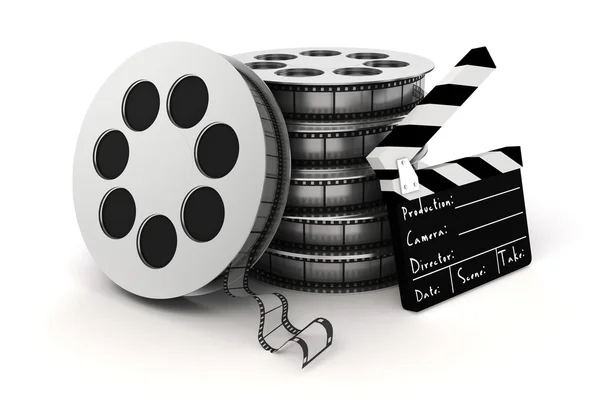 3d clapper board e rolo de filme no fundo branco — Fotografia de Stock