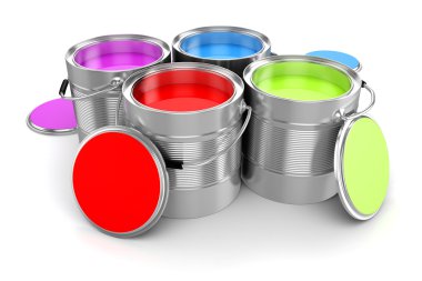 Beyaz arkaplanda 3D renkli boya kovası çizimi