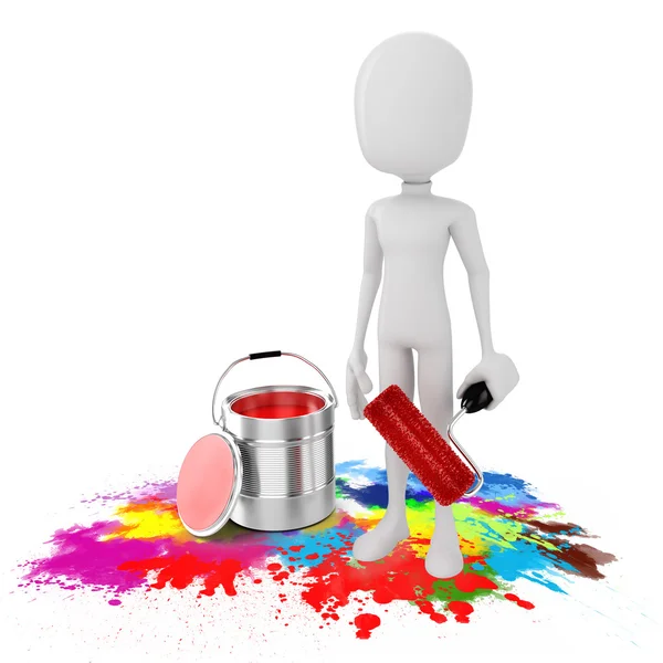 3d man and paint bucket on white background — Stock Photo, Image