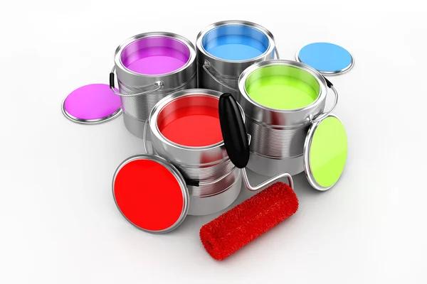3d renderização de balde de pintura colorida no fundo branco — Fotografia de Stock