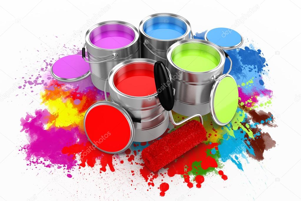3d render of colorful paint bucket on white background