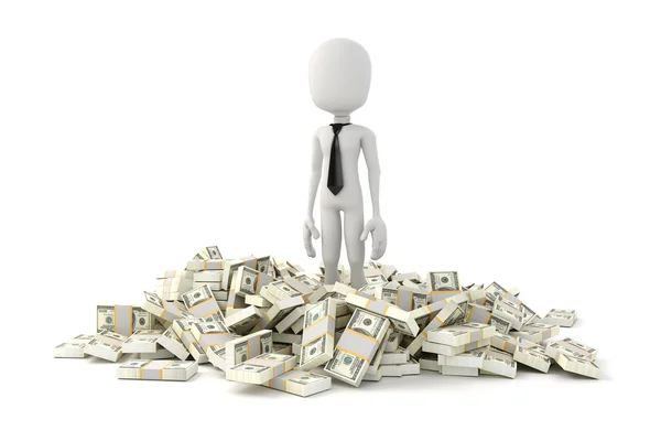 3D-man zakenman permanent in het midden van de stapel geld — Stockfoto